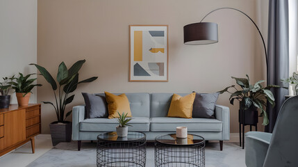 Blue sofa with yellow pillows and blanket against beige wall with frame poster. Scandinavian home interior design of modernliving room.stylish living room interior, minimalist decor, contemporary art.