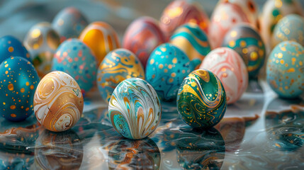 A close-up of a collection of marbleized Easter eggs, with swirling patterns in shades of blue, green, and gold, placed on a polished marble surface that reflects the rich colors of the eggs. .