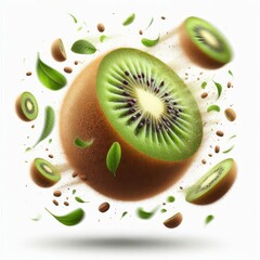 Falling kiwi isolated on white background, full depth of field
