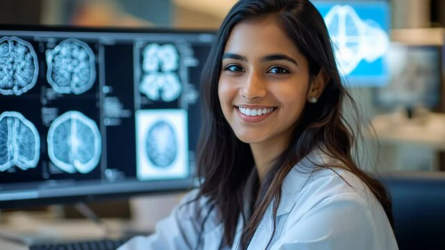 Smiling female doctor in white coat reviewing brain MRI scans on computer screens, Indian radiologist at workstation in hospital, medical professional analyzing neurological images