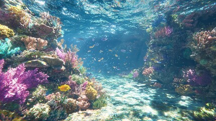 Naklejka premium Underwater Coral Reef with Colorful Fish and Sunbeams