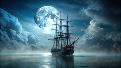 Obraz premium Ghost ship sailing through misty waters at night under a full moon, ghost ship, haunted, eerie, spooky, misty