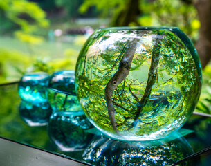 Japanese garden view with reflection and flowers, in Arashiyama Kyoto, Japan