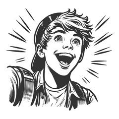 excited boy with an expressive, joyful face, vintage charm and youthful energy sketch engraving generative ai fictional character raster illustration. Scratch board imitation. Black and white image.