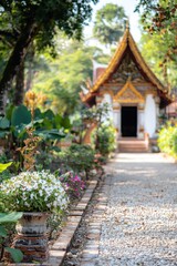 Stone Path to Temple in Lush Garden
