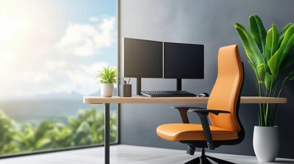 Fototapeta premium Modern Ergonomic Home Office Setup with Dual Monitors, Wireless Mouse, and Comfortable Chair, Copy Space Available
