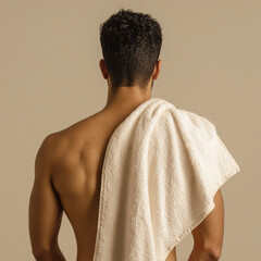 Naklejka premium a man model posing his back , beige background , towel color dark brown with beige, half body covered with towel