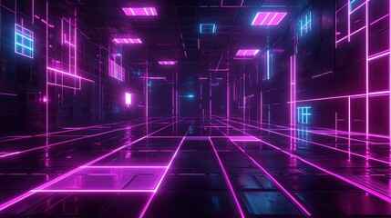 Cyber Grid with Neon Lines: Features a futuristic cyber grid with neon lines, providing ample space for text and representing technology and digital themes.