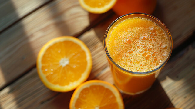 A flat lay of a glass of fortified orange juice with a few orange slices arranged neatly on the side, placed on a wooden table. 