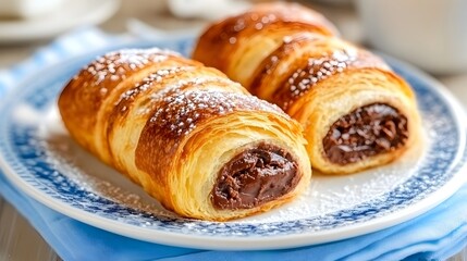 Decadent Pain au Chocolat on Porcelain Plate with Warm Morning Sunlight