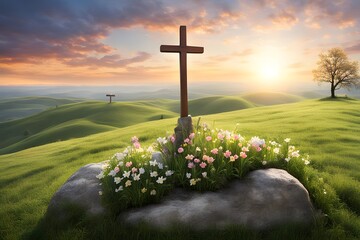 A serene easter scene with a wooden cross on a hill overlooking a blooming meadow, Ai Generated