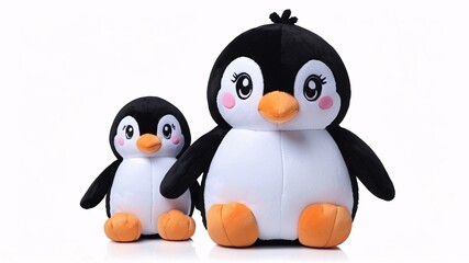 Fototapeta premium Two plush penguin toys on a white background.
