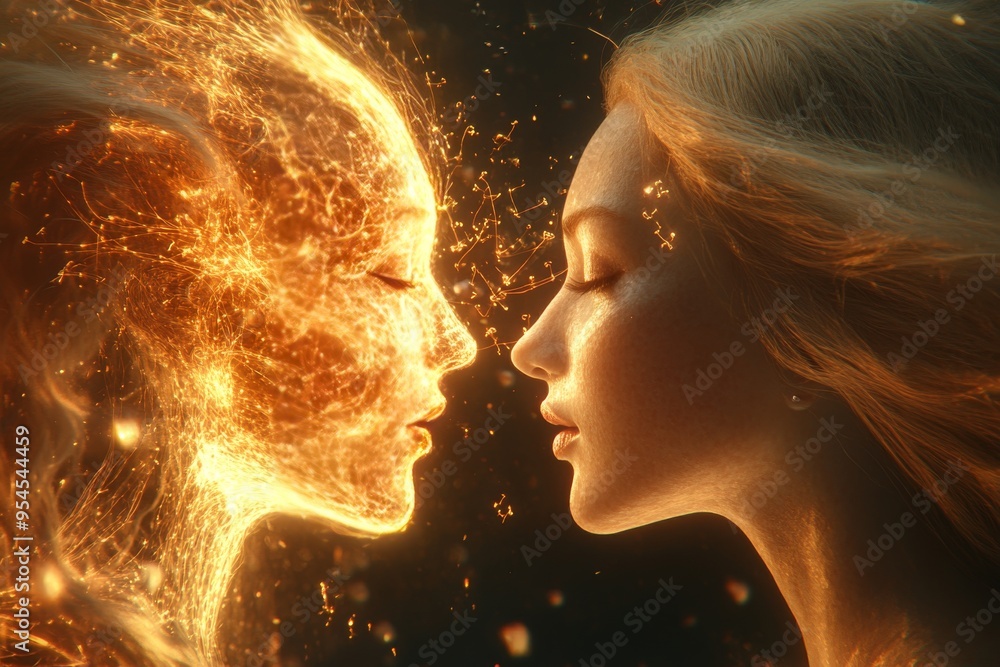 Poster mental processing speed trust fiery and golden ethereal faces facing each other representing the int