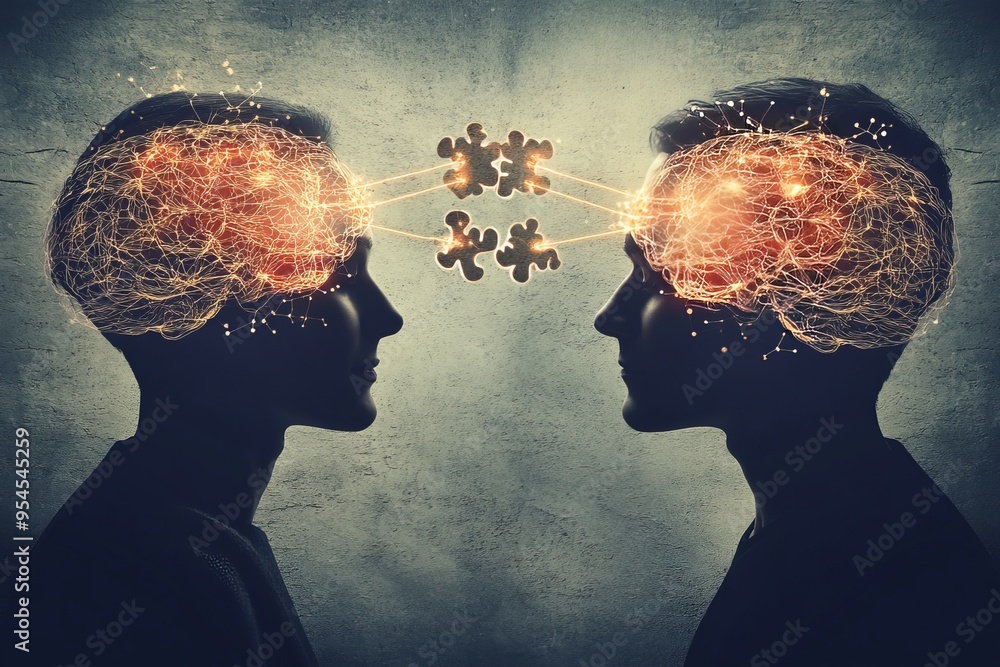 Poster brain integration trust two male silhouettes with brain puzzle pieces floating above symbolizing the