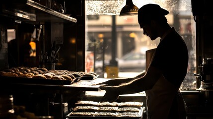 A baker silhouetted against warm light, skillfully preparing fresh pastries in a cozy bakery showcasing artisanal sweets.