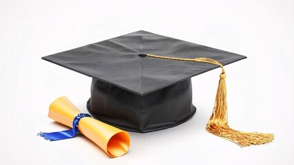 Black graduation cap and diploma on white background.