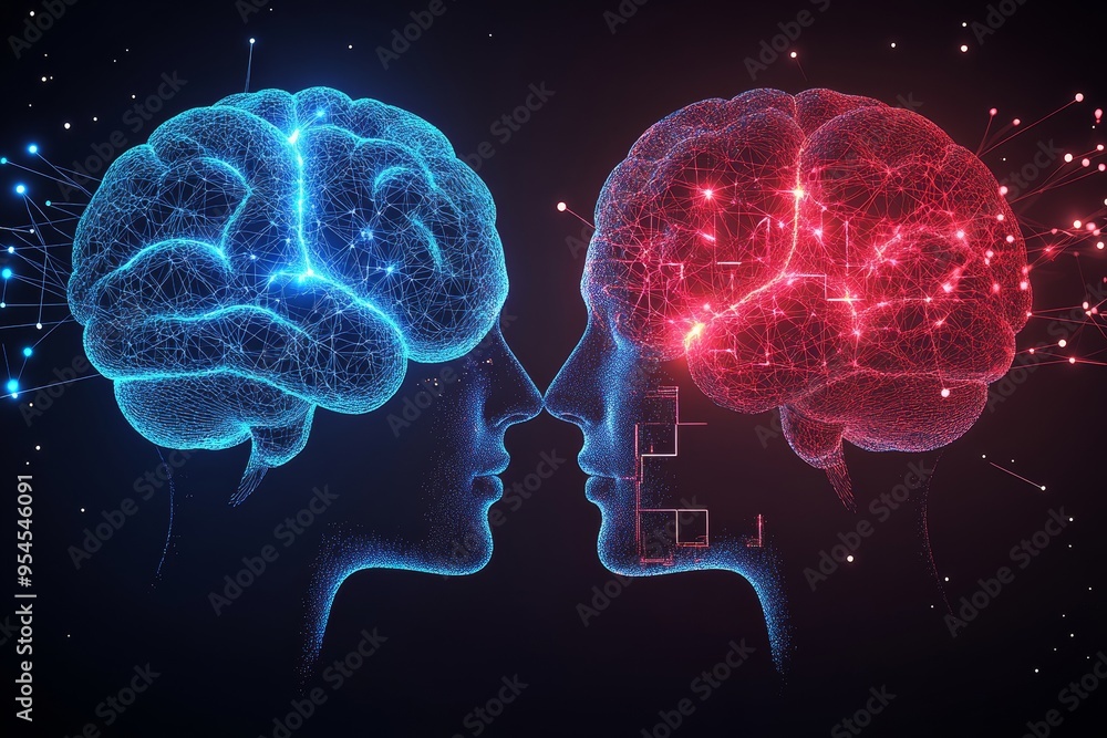 Poster brain health tips trust blue and red glowing brains connected by neural networks symbolizing contras