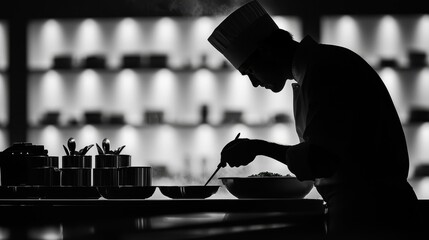 A silhouette of a chef carefully preparing a dish in a modern kitchen, emphasizing artistry and culinary skill.
