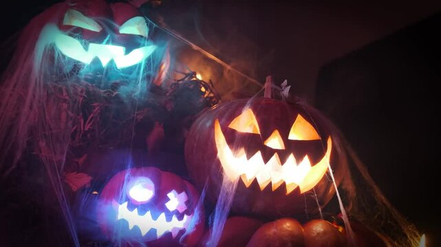 An ominous mountain of smoking orange carved pumpkins with multi-colored lights Halloween decorations in cobwebs and dry leaves.