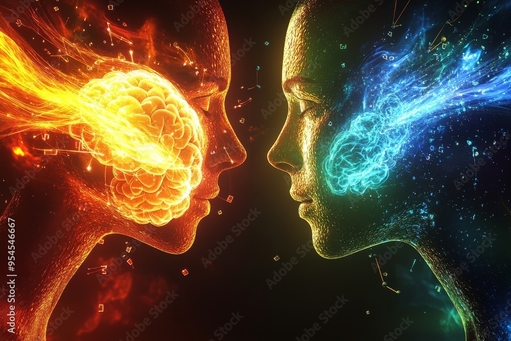 Poster memory techniques trust fiery and cool toned profiles facing each other symbolizing balance of oppos