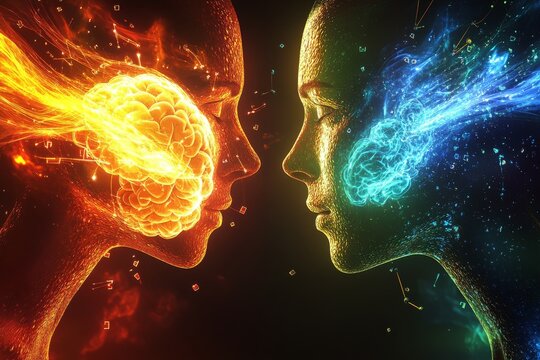 Memory techniques Trust Fiery and cool toned profiles facing each other symbolizing balance of opposing forces the dynamic interplay of emotions and harmonious fusion within human relationships