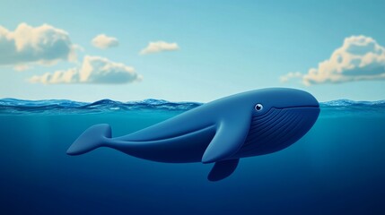 A playful blue whale swimming gracefully in a serene ocean, surrounded by soft clouds and shimmering water.