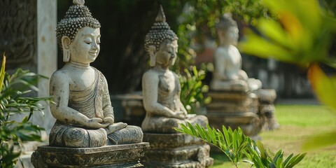 White Stone Buddha Statues in Peaceful Garden Setting