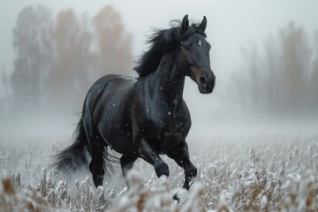 Obraz premium black horse gallops through a misty, rainy winter field, radiating health and happiness.