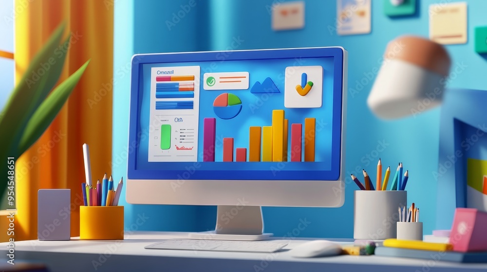 Poster colorful workspace featuring a desktop computer displaying vibrant data charts on a bright blue back