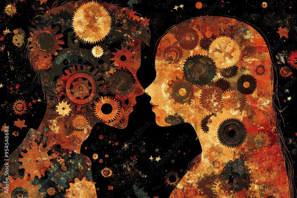 Poster brain research trust vibrant swirling cosmic brains facing each other symbolizing collision of thoug