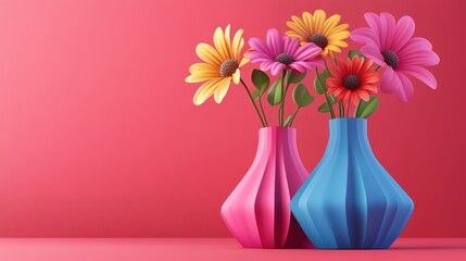 Colorful vases filled with vibrant flowers against a soft pink background, perfect for home decor and floral arrangements.