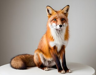 Fototapeta premium A red fox sitting gracefully against a neutral background, showcasing its striking fur