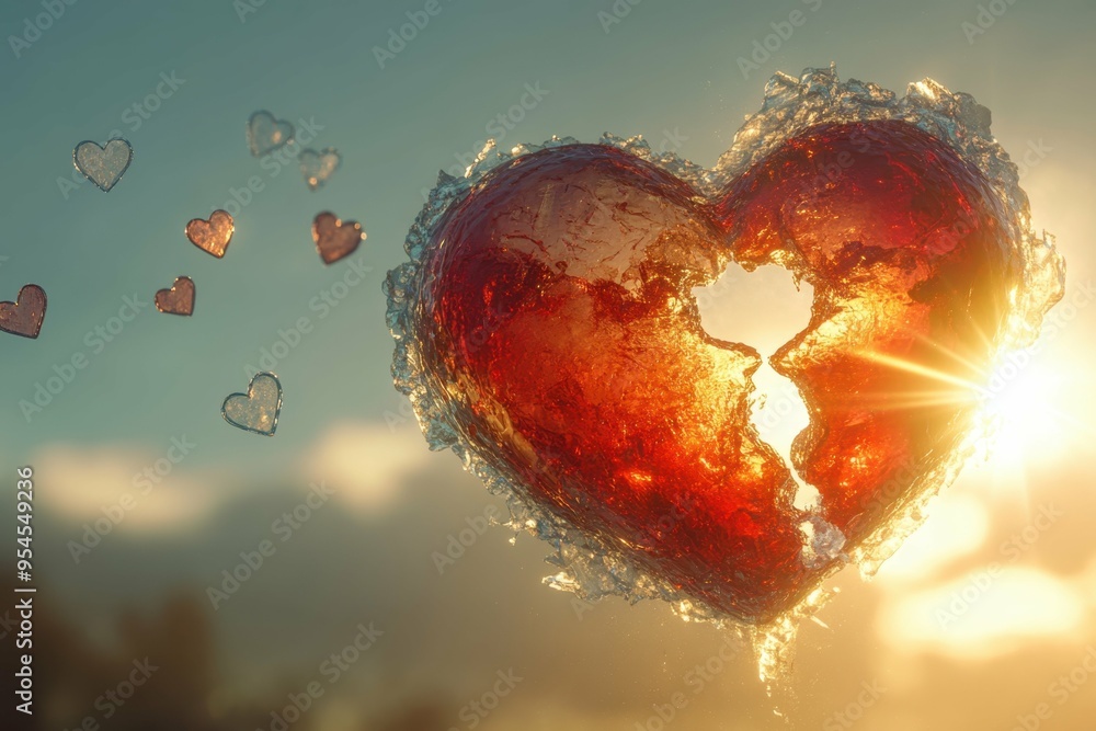 Poster a stylized image of a hand cracking a frozen heart with rays of warmth emanating from the break. bre