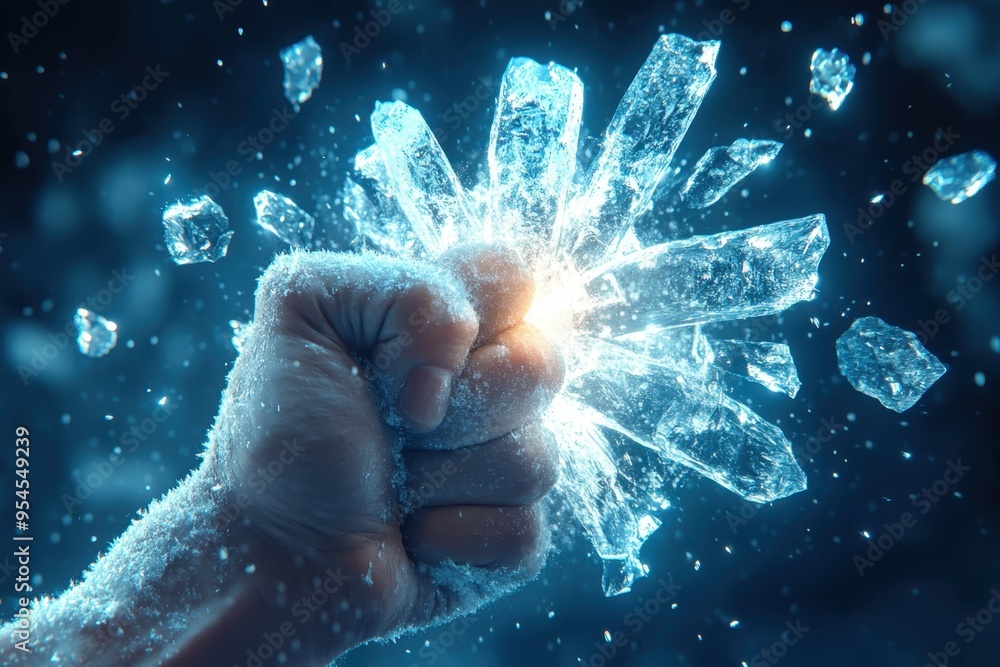 Poster a stylized image of a hand punching through ice with cracks forming in a radiant pattern. break the 