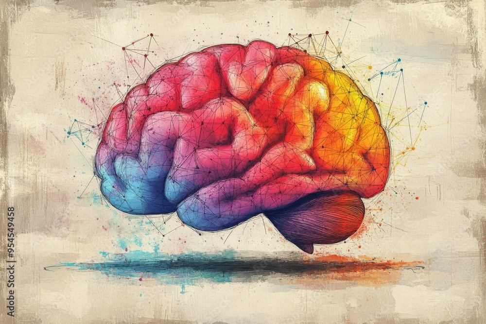 Poster an abstract representation of a brain filled with colorful interconnected lines, symbolizing creativ