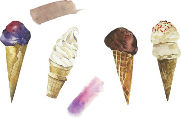 Colorful watercolor ice cream set vector illustration isolated on white background. Summer and Sweet menu concept of frozen creamy desserts. Various of gelato ice cream flavor in cone and popsicle.	
