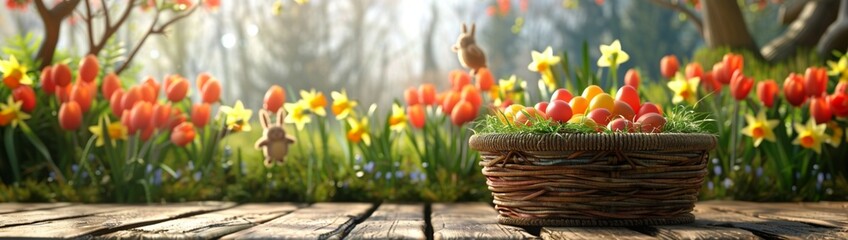 A rustic wooden podium with a woven basket filled with colorful Easter eggs. 