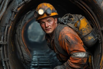 Fototapeta premium A hardworking coal miner, covered in dust and grime, emerges from a dark tunnel after a challenging shift.