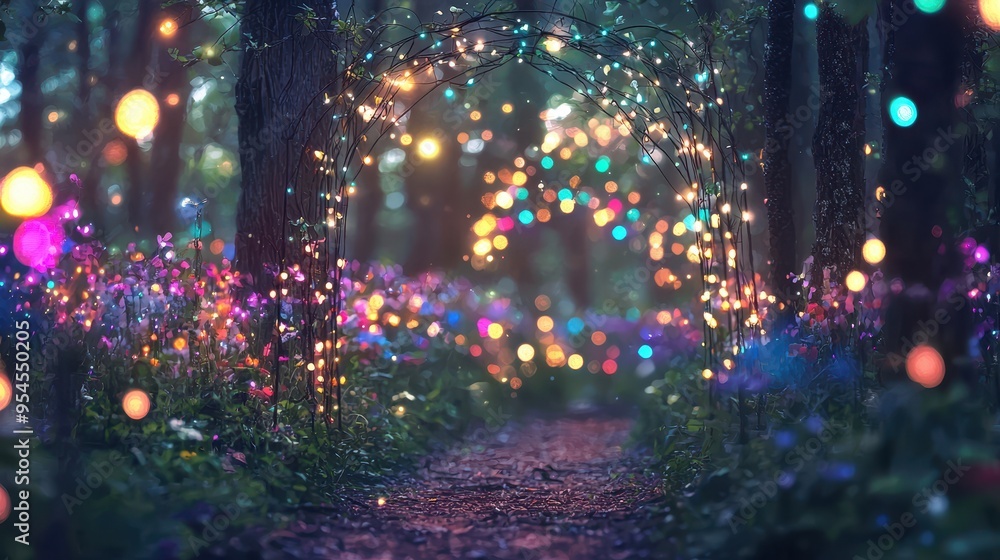 Poster enchanted forest path with string lights and bokeh