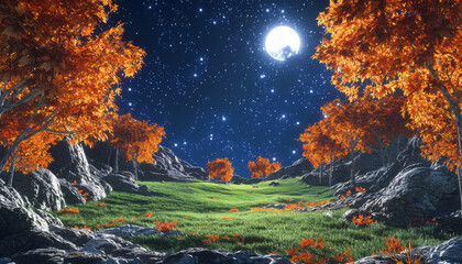 Fototapeta premium A serene landscape featuring vibrant orange trees under a starry night sky with a bright moon.