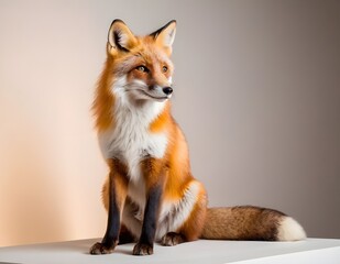 Obraz premium A red fox sitting gracefully against a neutral background, showcasing its striking fur