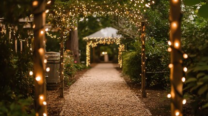 Fototapeta premium Romantic Pathway with Twinkling Lights and Greenery