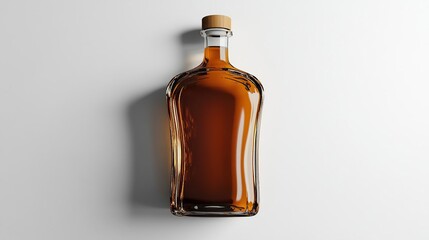 A glass bottle filled with amber liquid, featuring a wooden cork, on a white background.