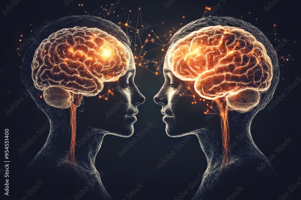 Poster neurocognition passionate two brains facing each other with fiery neural connections symbolizing int