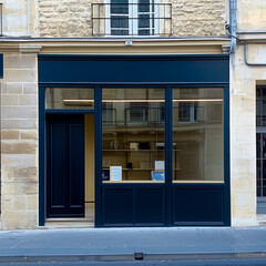 Shop front mockup, small store facade template for branding and business presentation, view of big window in European street
