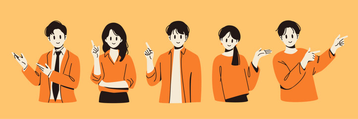 Set of various people, leading, presenting and pointing poses