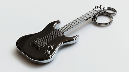 A keychain designed in the shape of a black electric guitar, showcasing a stylish accessory.