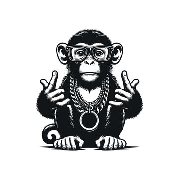 recommend clip art: illustration of monkey wearing glasses and gold necklace in black and white vintage style, hiphop monkey illustration