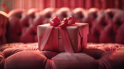 A beautifully wrapped Valentine's Day gift with a satin ribbon bow, placed on a plush velvet cushion. The background is a gradient of pink and red hues, adding to the festive feel.