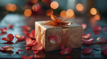 A close-up of a beautifully wrapped Valentine's Day gift box with a shiny gold ribbon, surrounded by a few scattered rose petals and small decorative hearts on a wooden table.